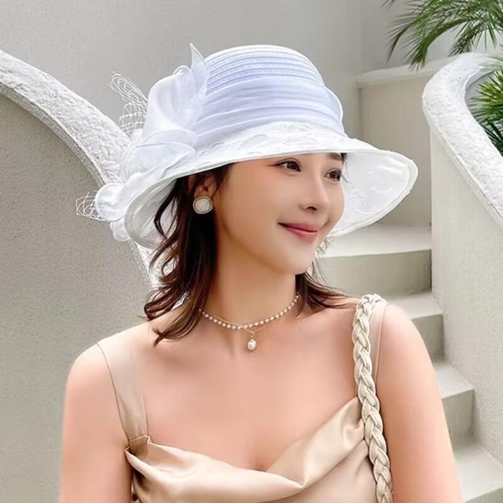 Breathable Bridal Tea Party Wedding Hat Wide Brim Beach Hat Elegant Organza Hat  Summer