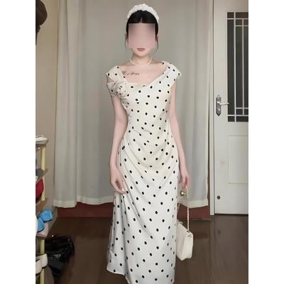 Retro Black and White Polka Dot Temperament Dress Gentle Wind Beautiful Unique Waist Slim Hip Skirt Women's Summer