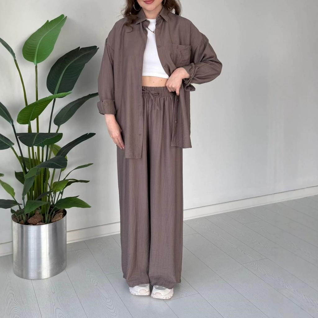 European and American women's clothing new daily casual style long-sleeved button-up shirt drawstring wide-leg pants set