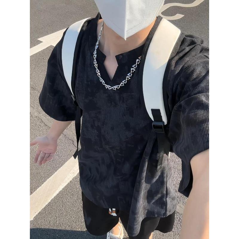 Men's Tie Dye Textured T-Shirt with V-Neck Design Casual Loose Fit Short Sleeve Top