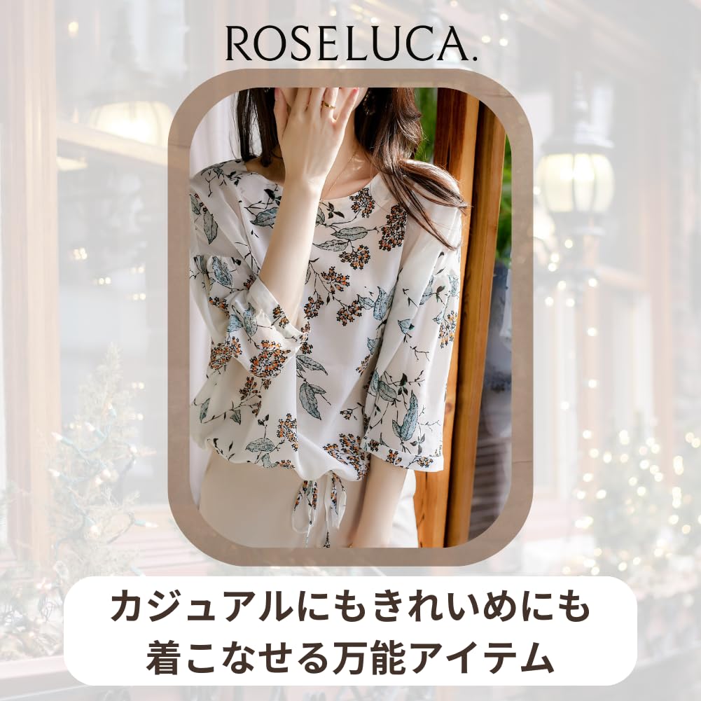 Sheer Floral Blouse with Botanical Round Drawstring Loose and Covers Upper Size S ROSELUCA. Women's 3/4 Sleeves, Print, Neck, Detail, Lightweight,