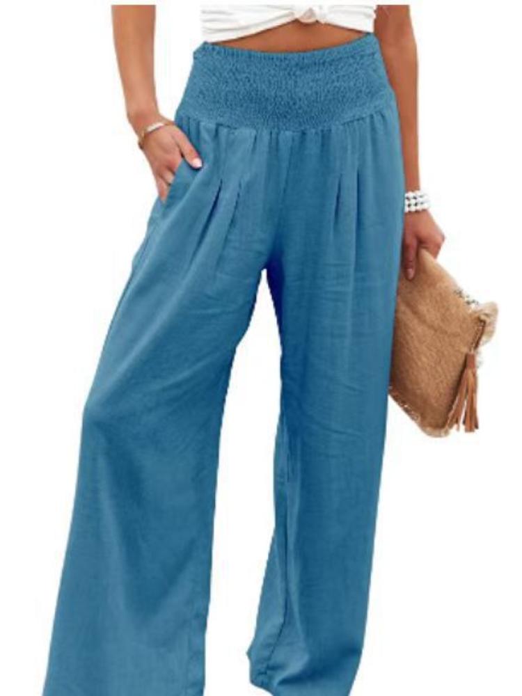 High Waisted Wide Leg Pants with Elastic Waistband, Light Beige Loose Fit Trousers for Women