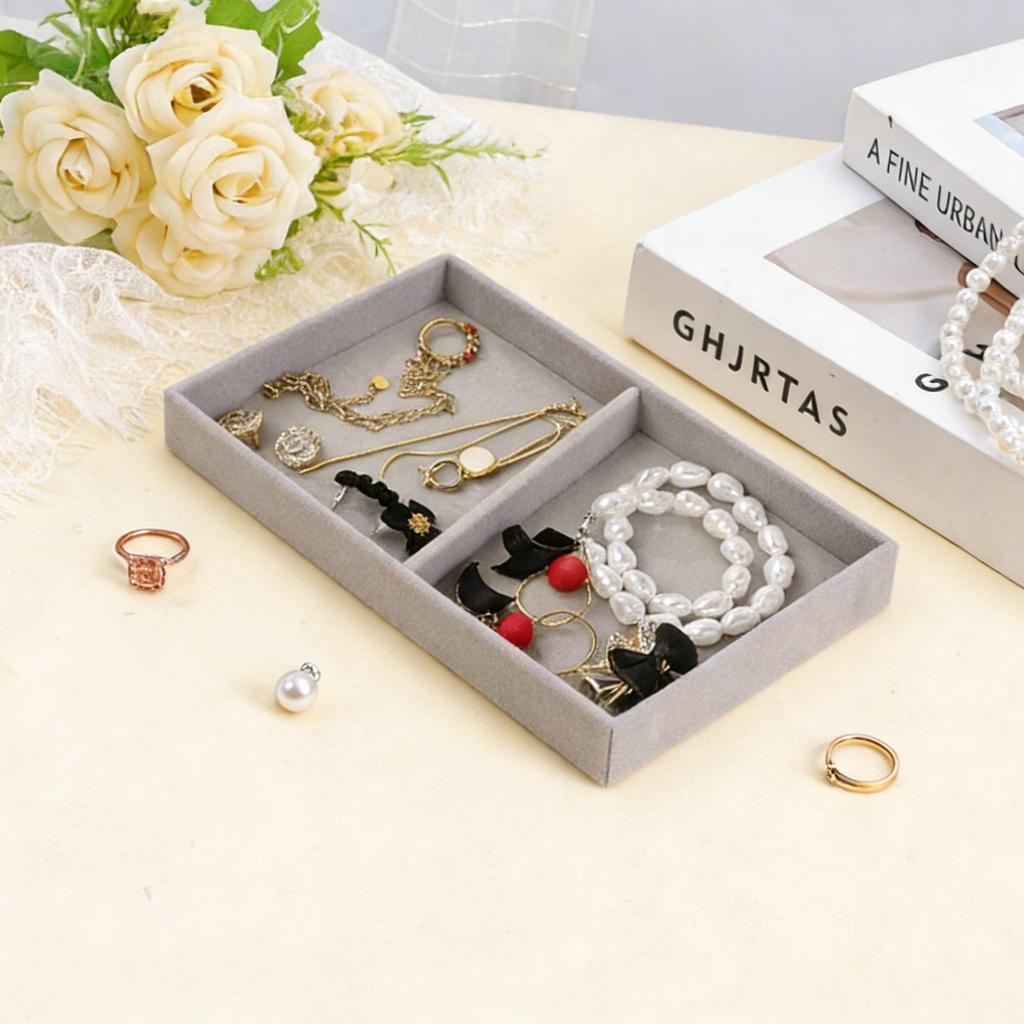 Velvet Jewelry Box with Drawer: Grey Multifunctional Tray for Necklaces & Rings