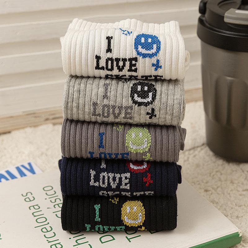Men's New Trend In Autumn Cartoon Smiling Face Letters Sweat Absorption Breathable Sports Boneless Tube Socks