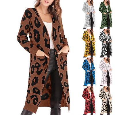 Women's Casual Loose Leopard Print Mid-length Knitted Sweater Jacket