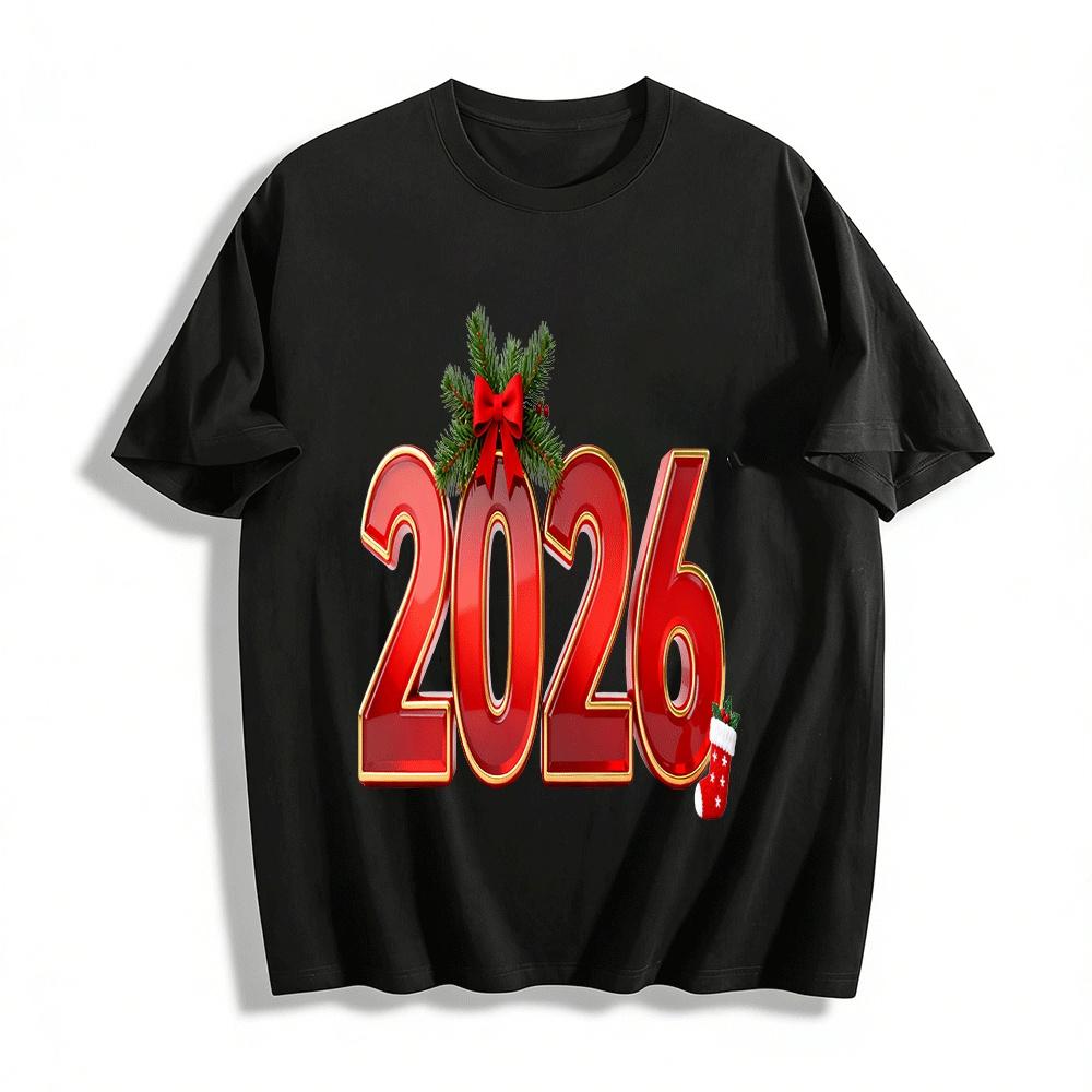 2026 New Year Christmas Print Casual Versatile Festival Top Pure cotton T-shirt XXS