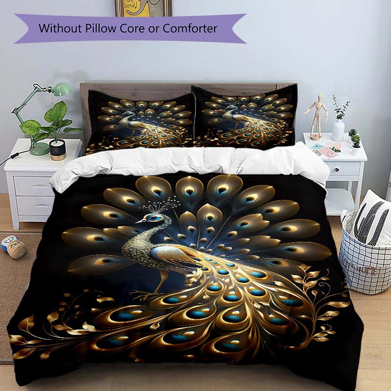 3pcs Golden Peacock Feather Duvet Cover Set - Machine Washable, Includes 1 Cover and 2 Pillowcases, No Core Included Yy251013029