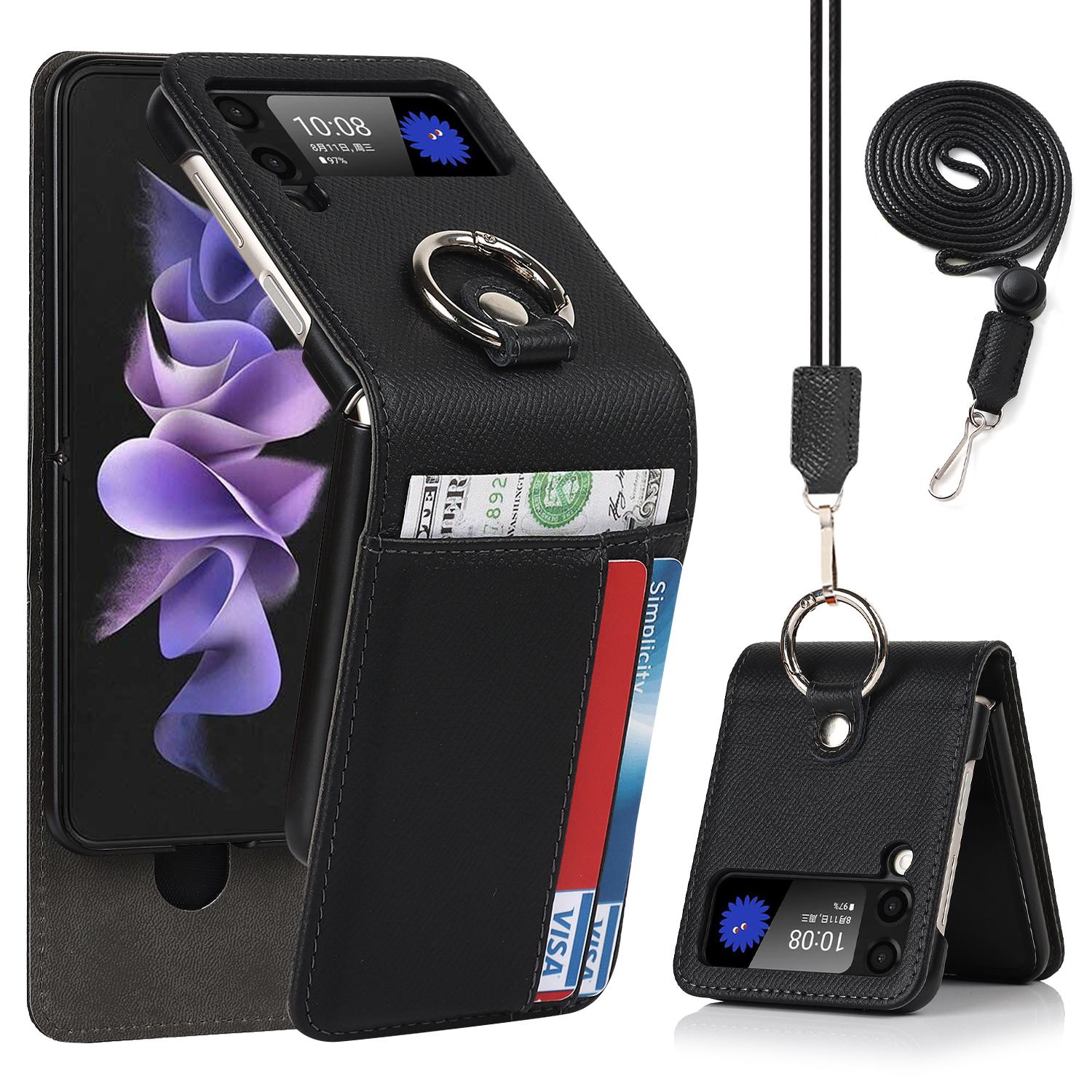Ring Holder Genuine Leather Wallet Phone Case for Samsung Z Flip 4 3 5G Card Solt Crossbody Lanyard Shockproof Flip4 Flip3 Cover For Samsung Z flip 3 чёрный