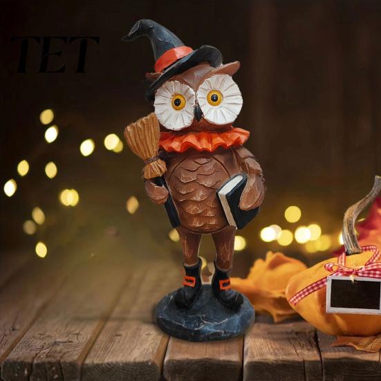 Holiday Fireplace Mantel Decor Wooden Halloween Resin Figurines, Pumpkin Scarecrow Wizard Owl Black Cat Atmospheric Festival Ornaments Statue, Rustic