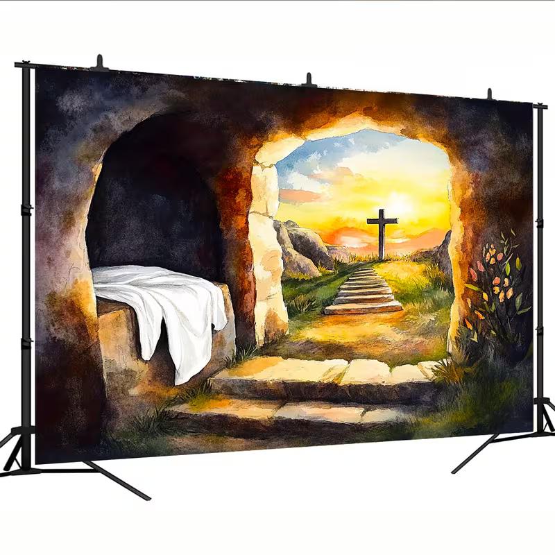 

2D Easter Church Backdrop, Watercolor Empty Tomb & Cross Banner for Christian Worship Events 47.2x31.5inch/120*80cm