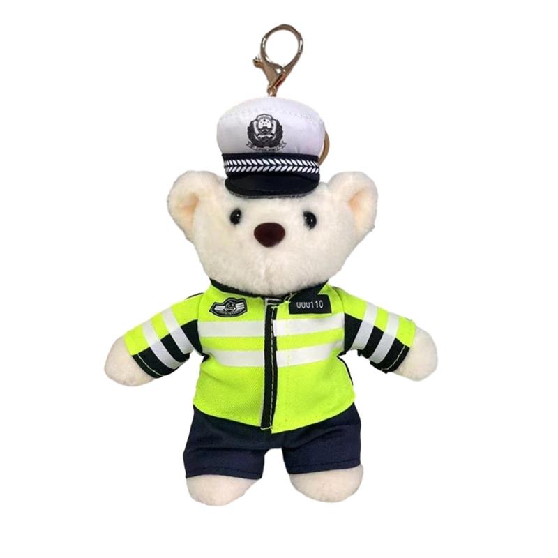 Plush Bear Charm Keychain Lovely Animal Police Backpack Handbag Charm Pendant