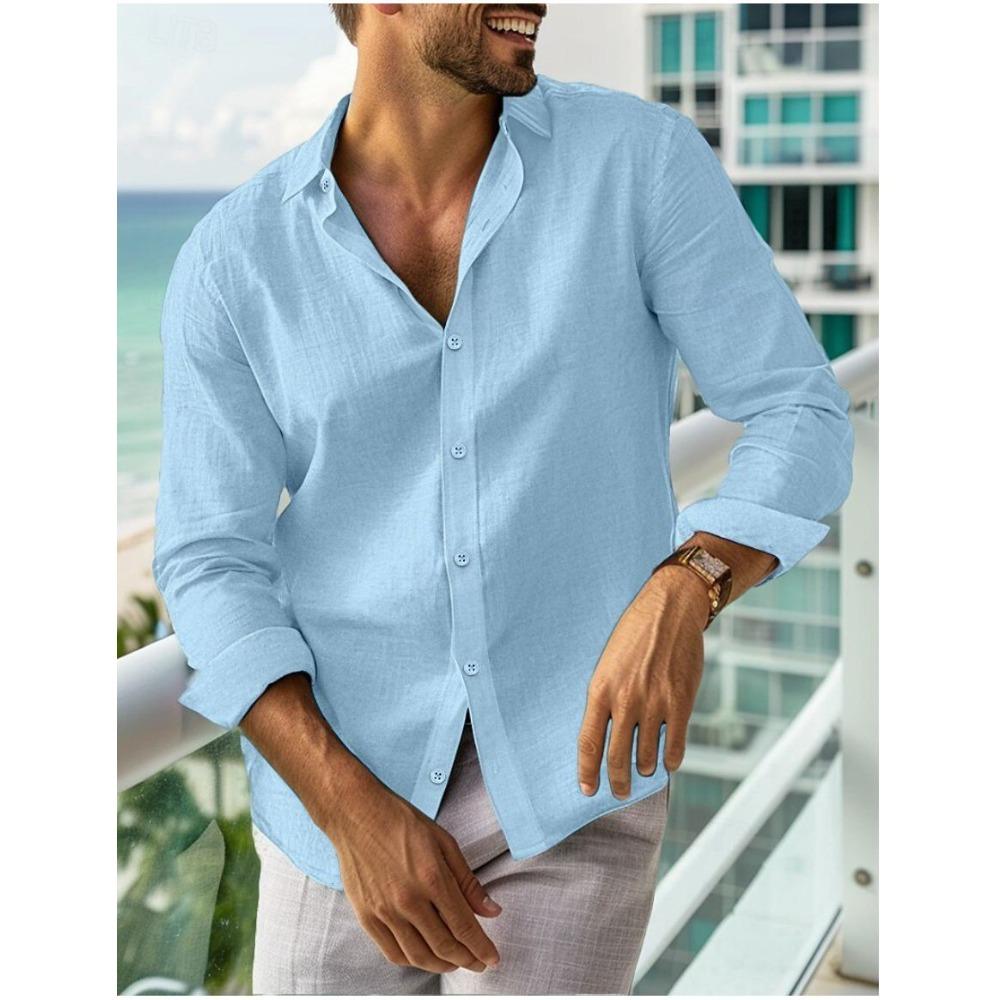 Men's Summer Shirt Button-down Shirt Long-sleeved Plain-coloured Collared Shirt Spring/Summer Casual Everyday Wear
