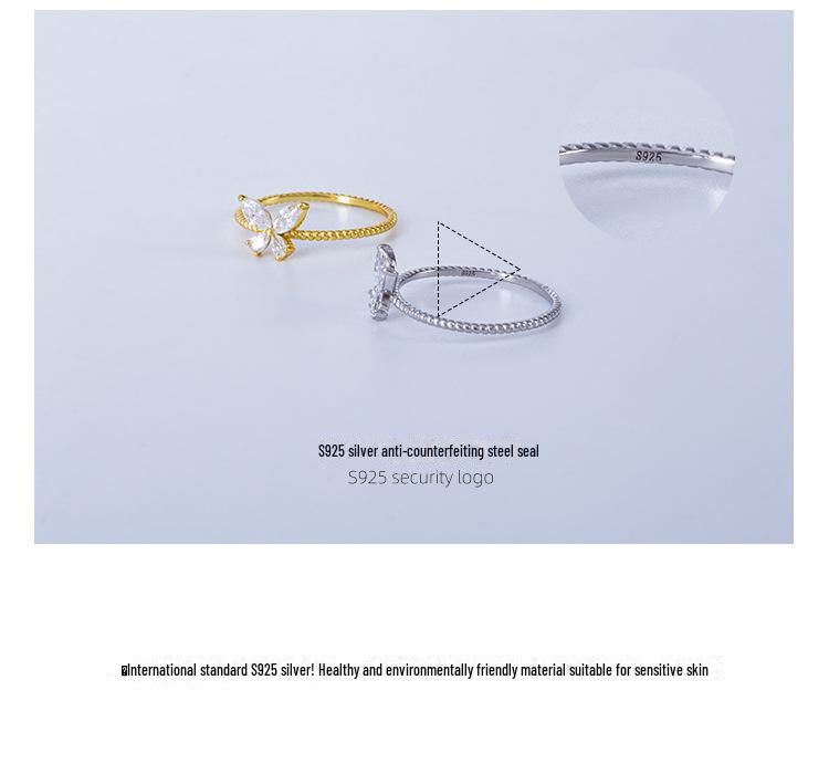14 Karat vergoldeter Zirkon-Schmetterlingsring, S925-Silber, elegantes, schlankes Design für Damen.