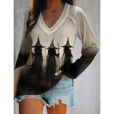 Halloween Damen T-Shirts Grafik Hexe Elegant Vintage T-Shirts Langarm T-Shirts V-Ausschnitt Reguläre Oberteile Lässiger Pullover