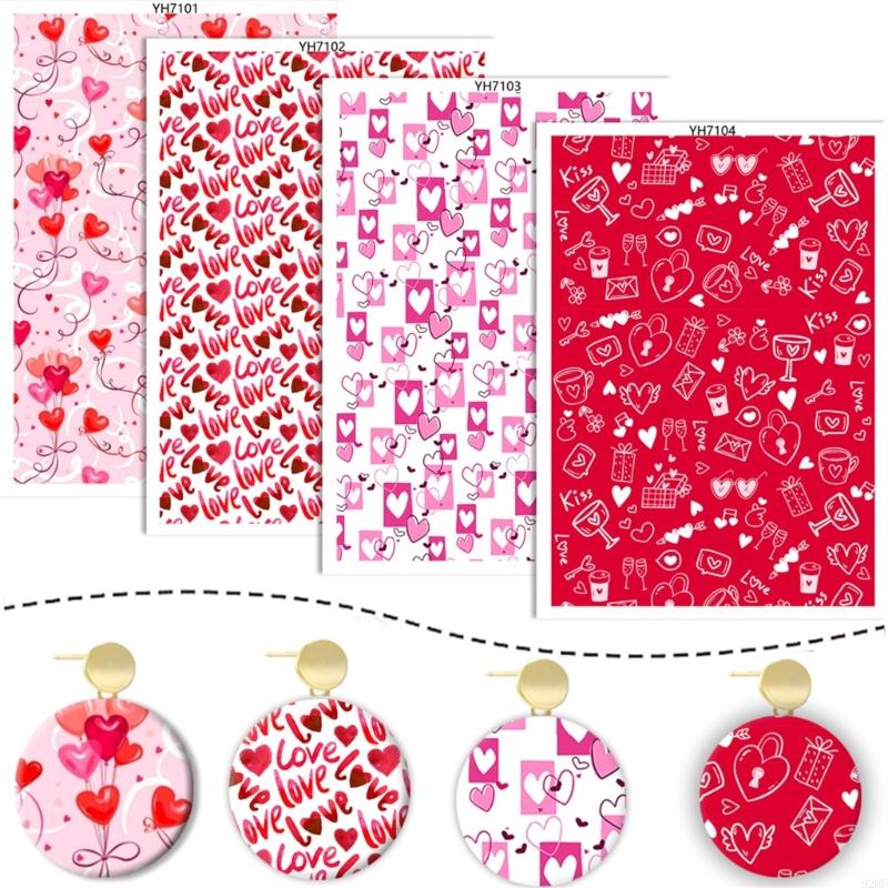 92MF 4Pcs Clay Earring Transfer Paper Valentine Love Heart Transfer Paper Jewelry Making Supply Water Soluble Transfer Paper