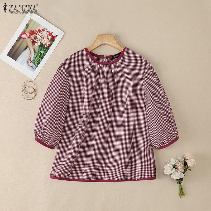 ZANZEA Women Casual Round Neck 3/4 Sleeve Grid Print Loose Blouse
