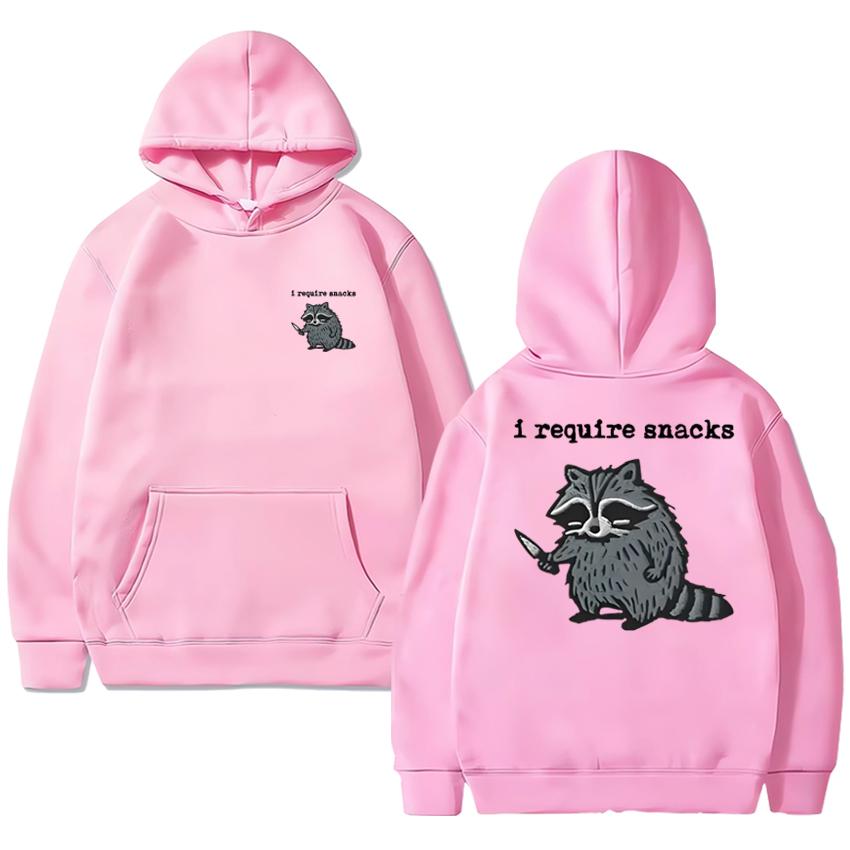 2025 Neu harajuku Ich brauche Snacks Waschbär Doppelseitiger Druck Sweatshirt Herren Damen Fleece Lässiger Pullover Unisex Lustiger Hoodie