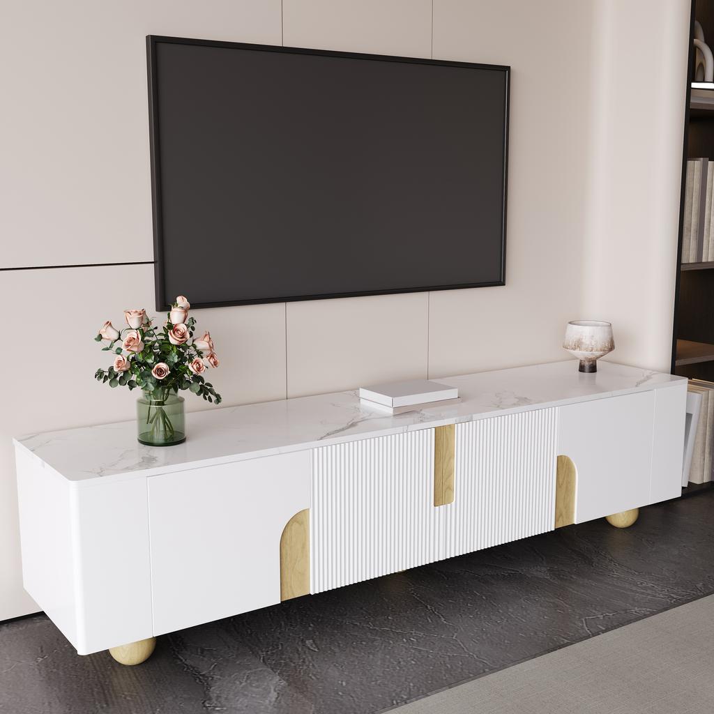 White TV Cabinet 180 Cm, 4 Doors, Elegant Design, Marble-look Surface, Spherical Wooden Feet