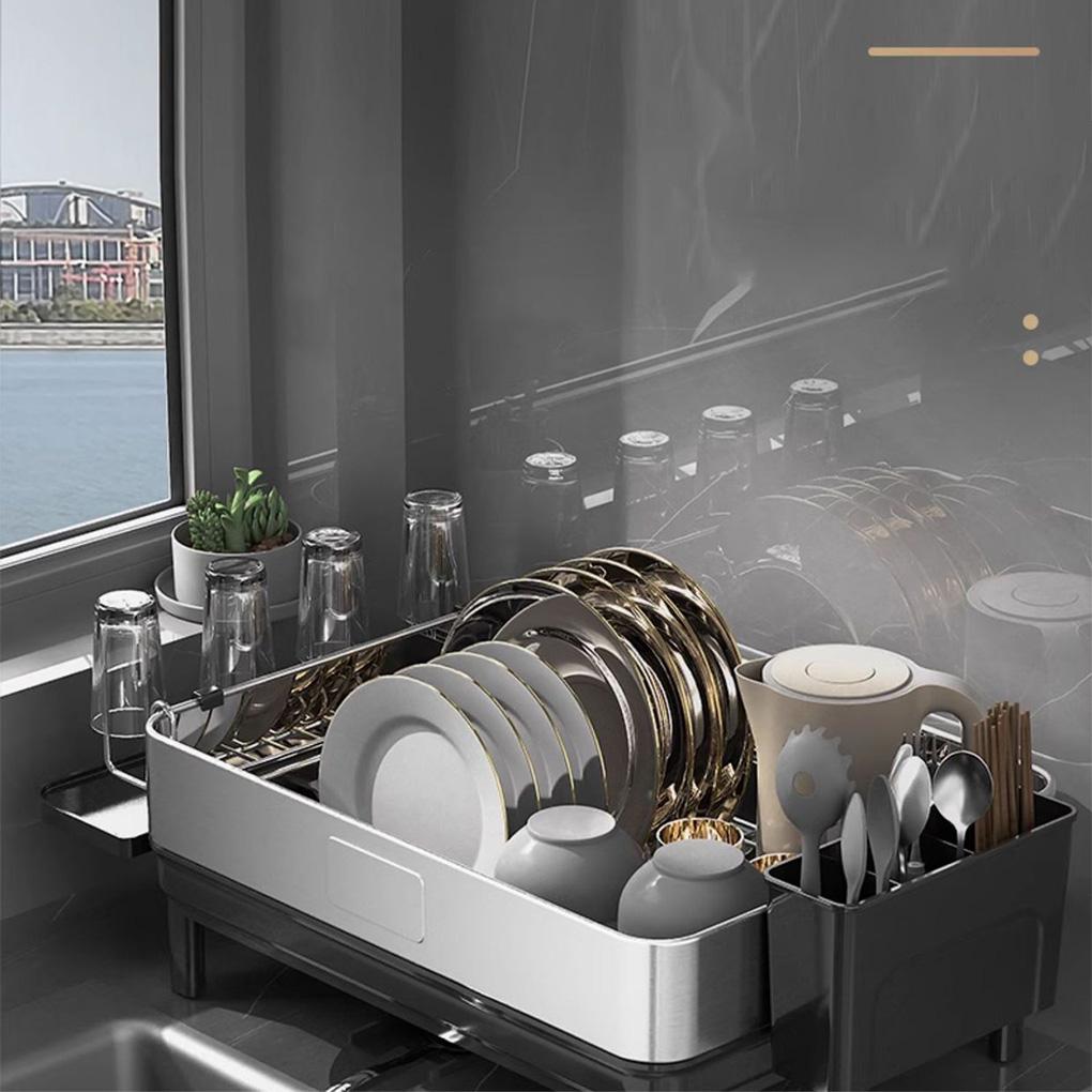 New Large Capacity Sink Organizer 304 Stainless Steel Cutlery Holder Countertop Drain Rack Pull-out Style Tray Dish Drying Rack bianco