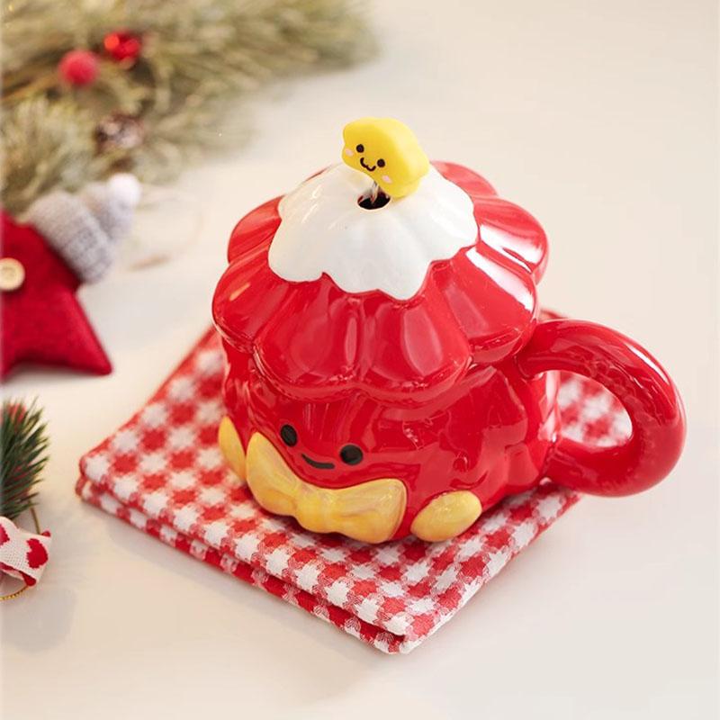 420ml Christmas Tree Ceramic Water Cup Creative Milk Mug with Lid Spoon Afternoon Camellia Flower Tea Coffee Cup Christmas Gift