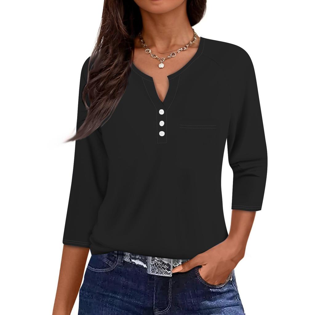 Ladies Casual Fashion V-neck Loose Versatile Color Printed Three-quarter Sleeves