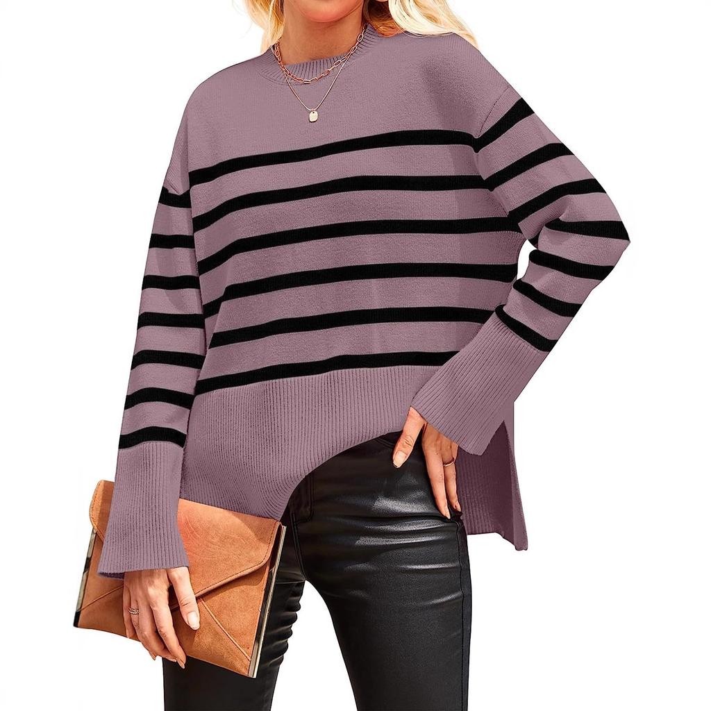 Women's knitted sweater 2025 autumn and winter new products European and American cross-border casual stripes loose crew neck pullover sweater