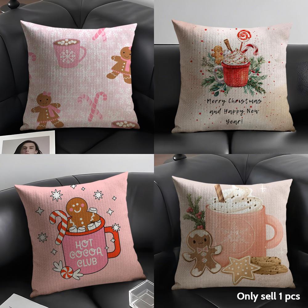 Christmas Pink Gingerbread Cushion Cover Natural Linen Organic Fabric Double-Sided Printing Sofa Home Decor Gift Pillow Case