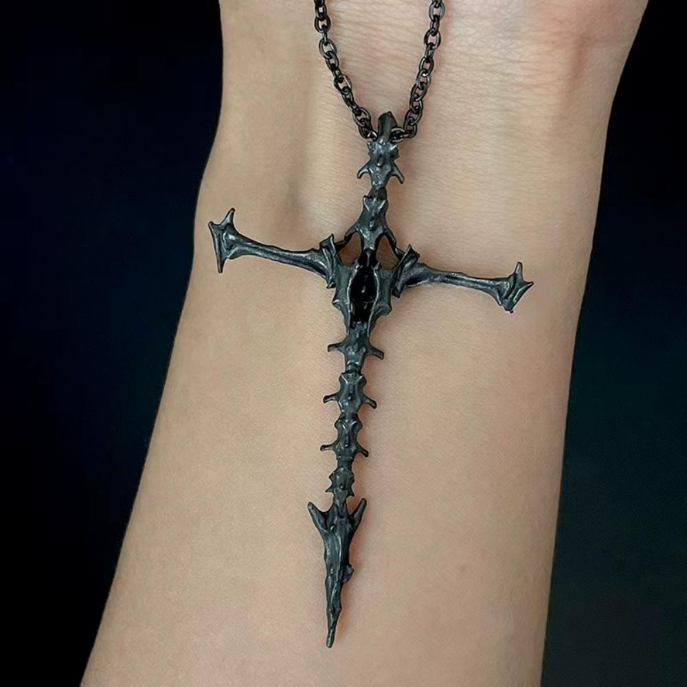 Retro Skeleton Black Pendant Necklace for Couples Double-Sided Punk Style Personalized Three-Dimensional Spine Cross Jewelry