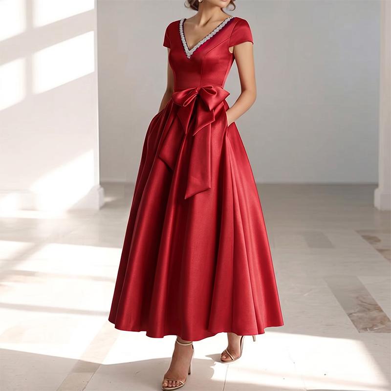 ZANZEA Women Elegant V-Neck Casual Short Sleeve Satin Long Dress