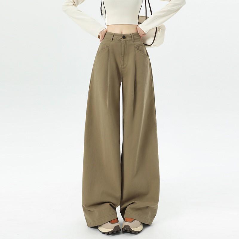 Womens High-Waisted Wide-Leg Straight Trousers Cotton Washed Fabric Loose Fit Casual Pants 2026
