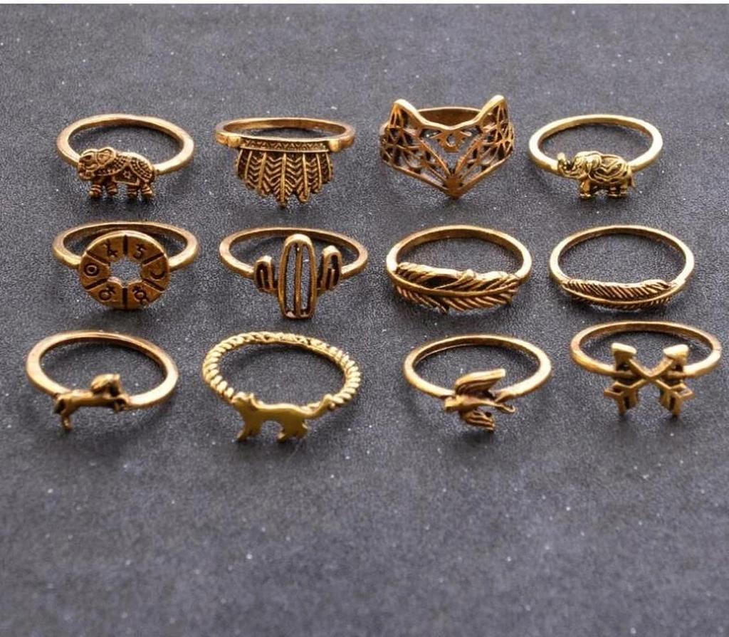 12 stk Gotisk Elefant Rev Kaktus Finger Knokeringer Sett for Kvinner Tre Blad Geometrisk Pil Ringer Smykker