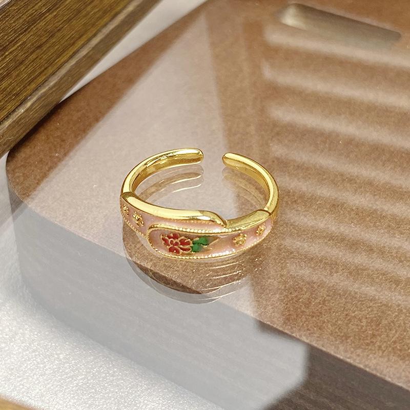 Medieval Vintage Retro Colored Enamel Open Ring Women'S Niche High-End Light Luxury Personality Ring
