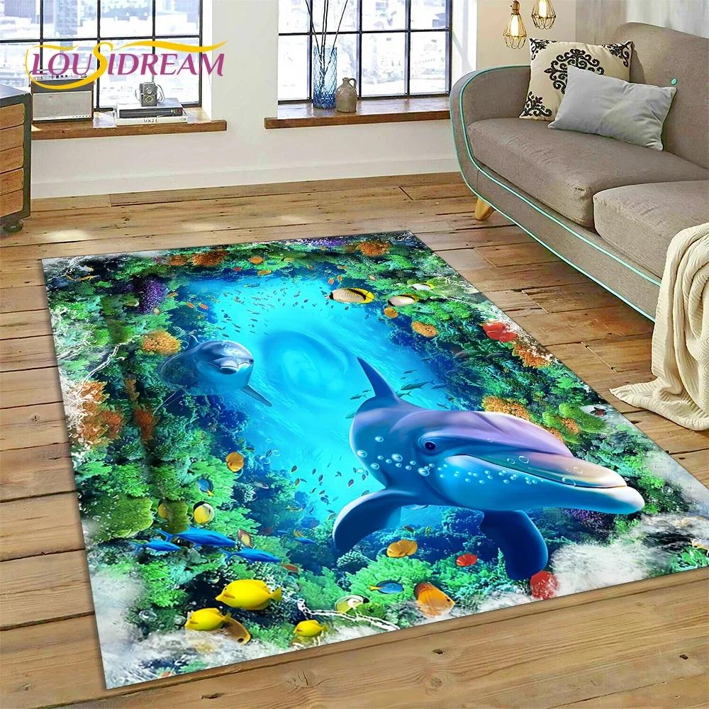 Tappeto Tappeto Decorazione Tappetino per Pavimento Decorazione Cartoon Mondo Sottomarino Illusion 3D Fondo Marino Squalo Delfino per Camera da Letto Soggiorno Divano, Decorazione Bambino