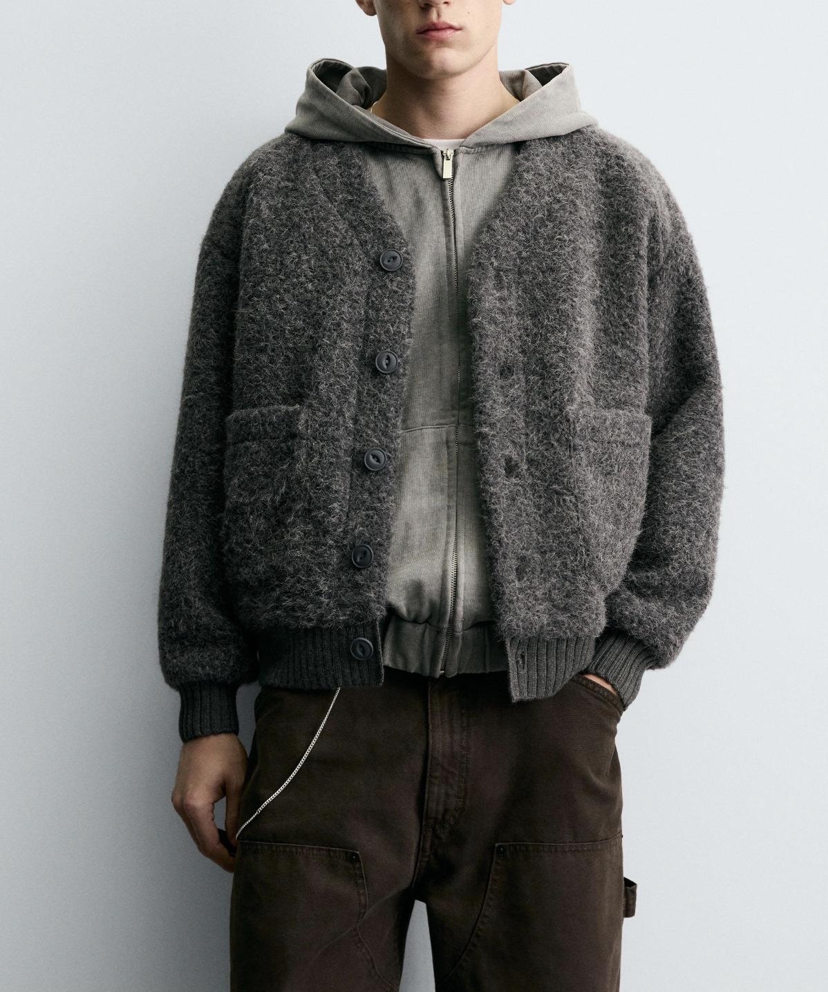 

Men s Dark Grey Imitation Wool Cardigan - Solid Color Outerwear Large