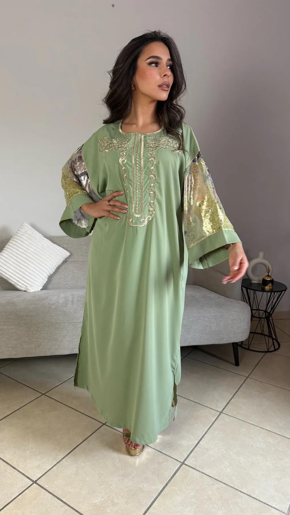Vestido Oriental Marroquí en Verde Claro con Bordado Dorado - Vestido de Noche Tradicional, Jellaba Marroquí Elegante para Bodas y Fiestas XXL