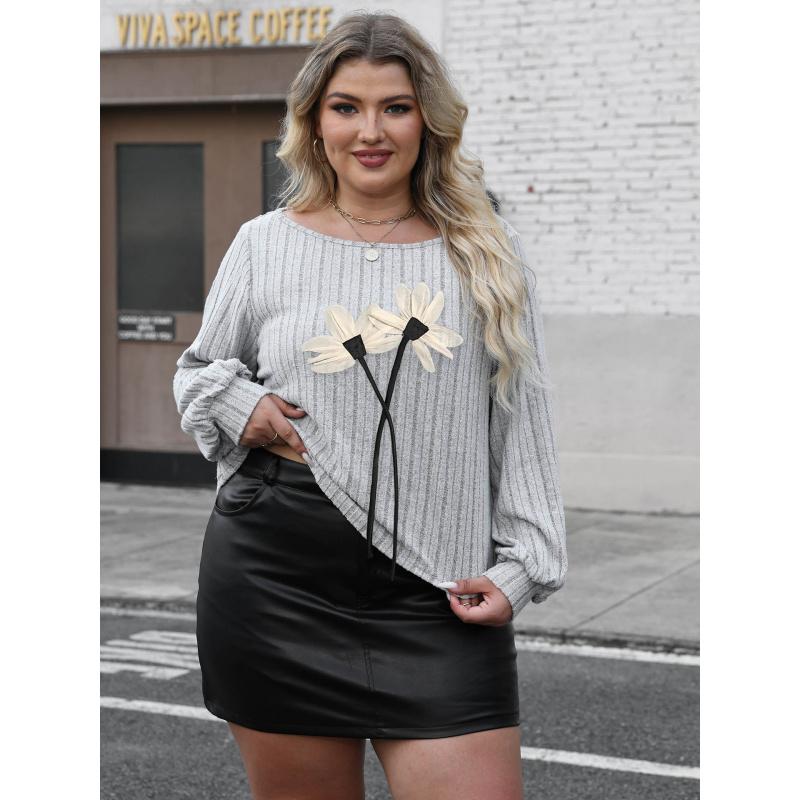 

Женский осенний базовый топ с круглым вырезом, сетчатой 3D цветочной лоскутной вставкой, больших размеров 3XL серый