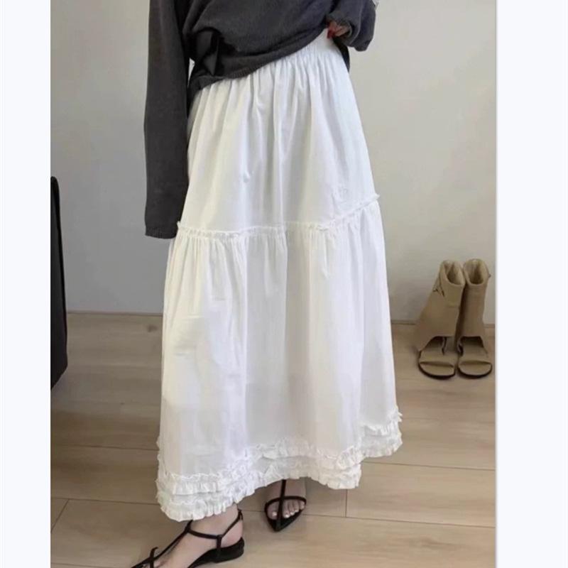 Spring 2026 High Waist Patchwork Wood Ear Ruffle Korean Style Long Cake Skirt