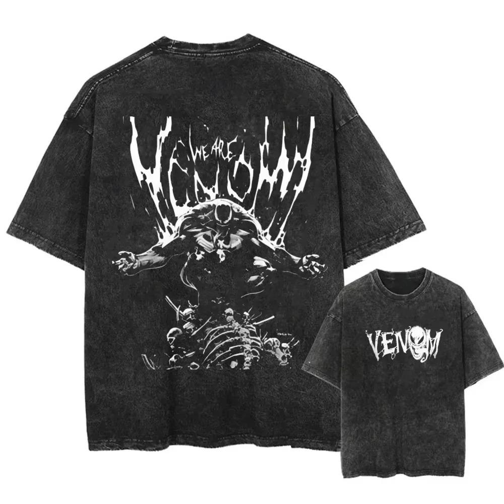 American Rebel Anime Venom Graphic Print T-Shirt Men Women Vintage Washed Cotton Summer New Tee Streetwear Hip Hop Harajuku Fashion Oversized Top