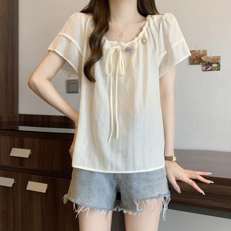 Women's Three-dimensional Flower T-shirt Loose Round Neck Bow Tie Design Ladies T-shirts Summer Daily Comfortable Famale Pullover Top