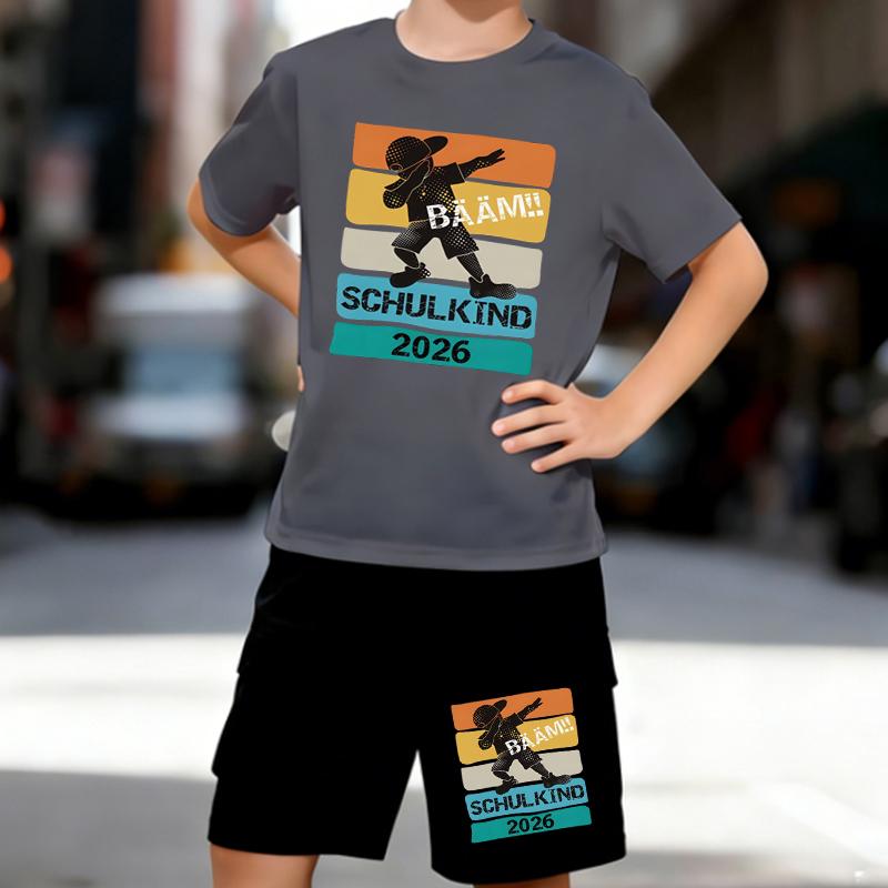 Boys 2 Piece Entrance Commemoration Printed Outfit, Short Sleeve T-Shirt and Shorts Set for Kids Age 5-14,Black ,White Sporty Casual Summer Clothes