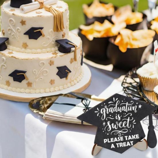 Wood Graduation Sign Board Black Grad Cap Guest Book Alternative with Stand for Class of 2026 Congrats Party Supplies Photo Props