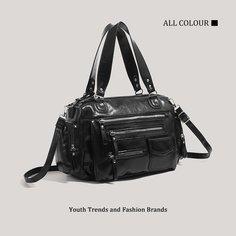 Black Retro Zipper Locomotive Bag New Casual Soft Handbag College Style Shoulder Messenger Bag