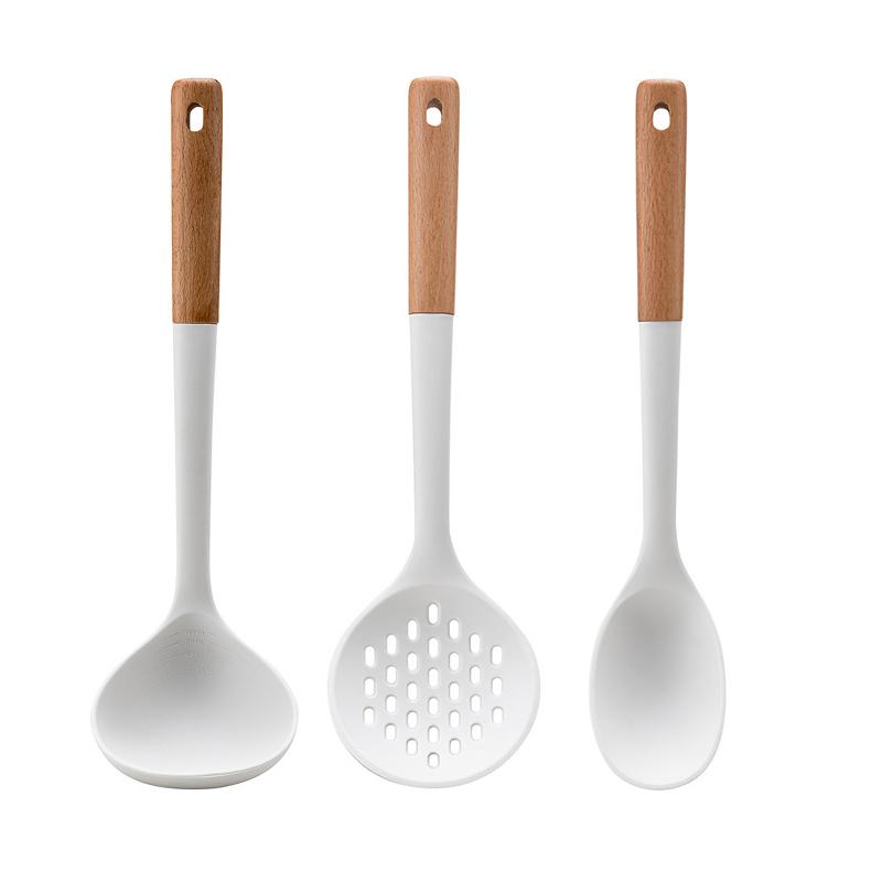 

White Silicone Kitchenware Non-stick Cooking Utensils Set Cookware Spatula Spoon Shovel Wooden Handle Kitchen Tool Set