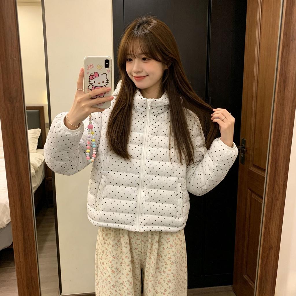 Warm cotton-padded clothes for women, white pressure-sensitive polka dots, thickened ribs, zero jacket, hooded winter new design