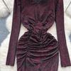 Women's Sequins Glitter Dress Autumn Pleated Waist Slim Split Package Hip Dress
