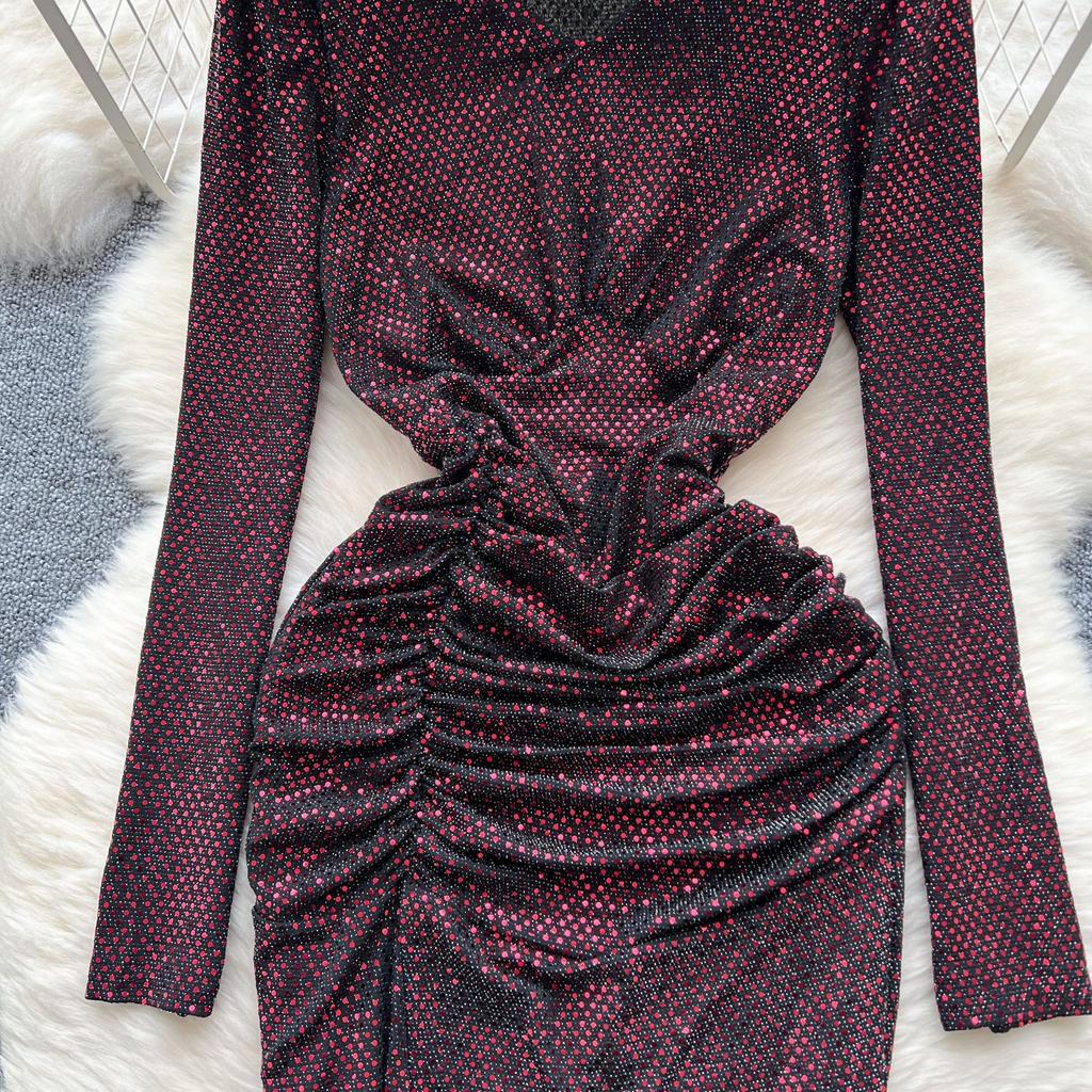 Women's Sequins Glitter Dress Autumn Pleated Waist Slim Split Package Hip Dress