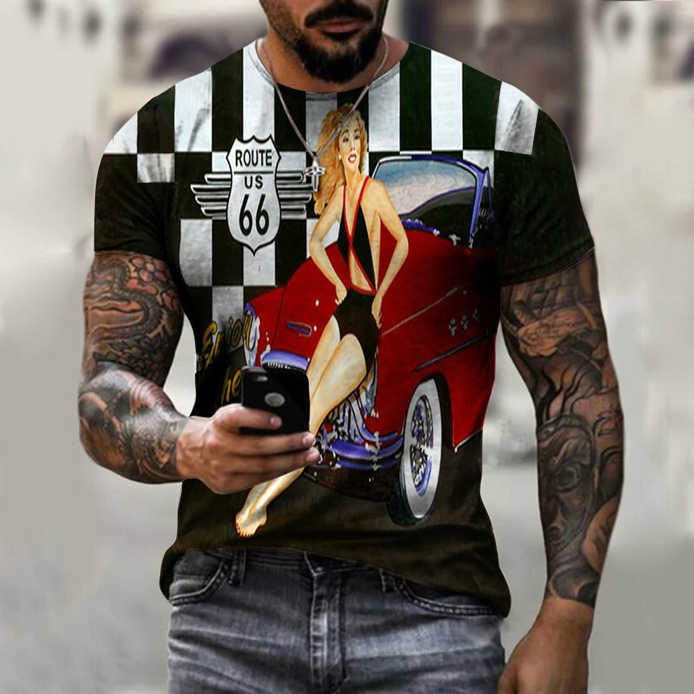 Summer New 3D Printed US Route 66 Cool Round Neck Men's T-shirt