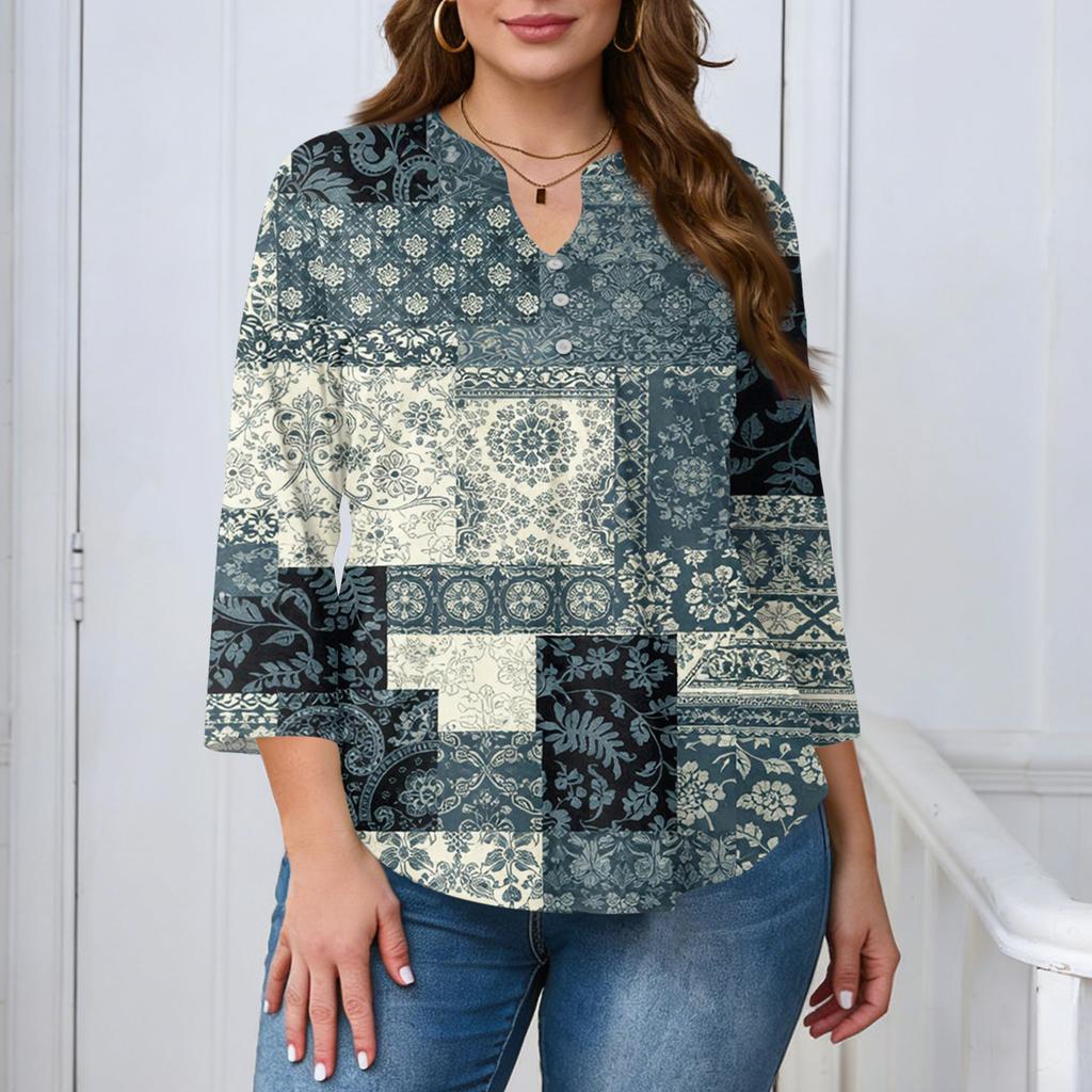 Plus Size Womens Casual Loose Fit V Neck Printed Blouse with Buttons Three Quarter Sleeve Relaxed Fit Top for Daily Wear