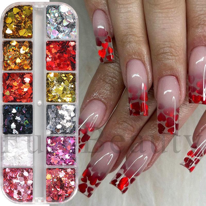 Nail Art Sequins 12 Grids Romantic Valentine's Day Love Size Mixed Boxed Sequins Nail Sequins