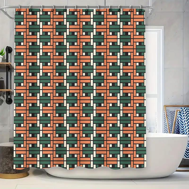 

Modern Plaid Shower Curtainwaterproof Fabric For Bathroom Decor, Pink Blue Teal White Geometric Pattern, Suitable For Home Bathr W60H190(CM)-1 Pcs